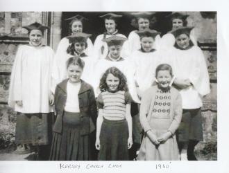 Church choir 1950s; back row from left to right:  Margaret Mowles, Pat Segger, Daphne Cockayne, Hetty Farthing, Dorothy James.  Middle row:  Doreen Wyatt, Lavender Stiff, Jake Spraggons, Norrah Farthing.  Front row:  Dorothy Jarvis,June Holland, Grace Spr